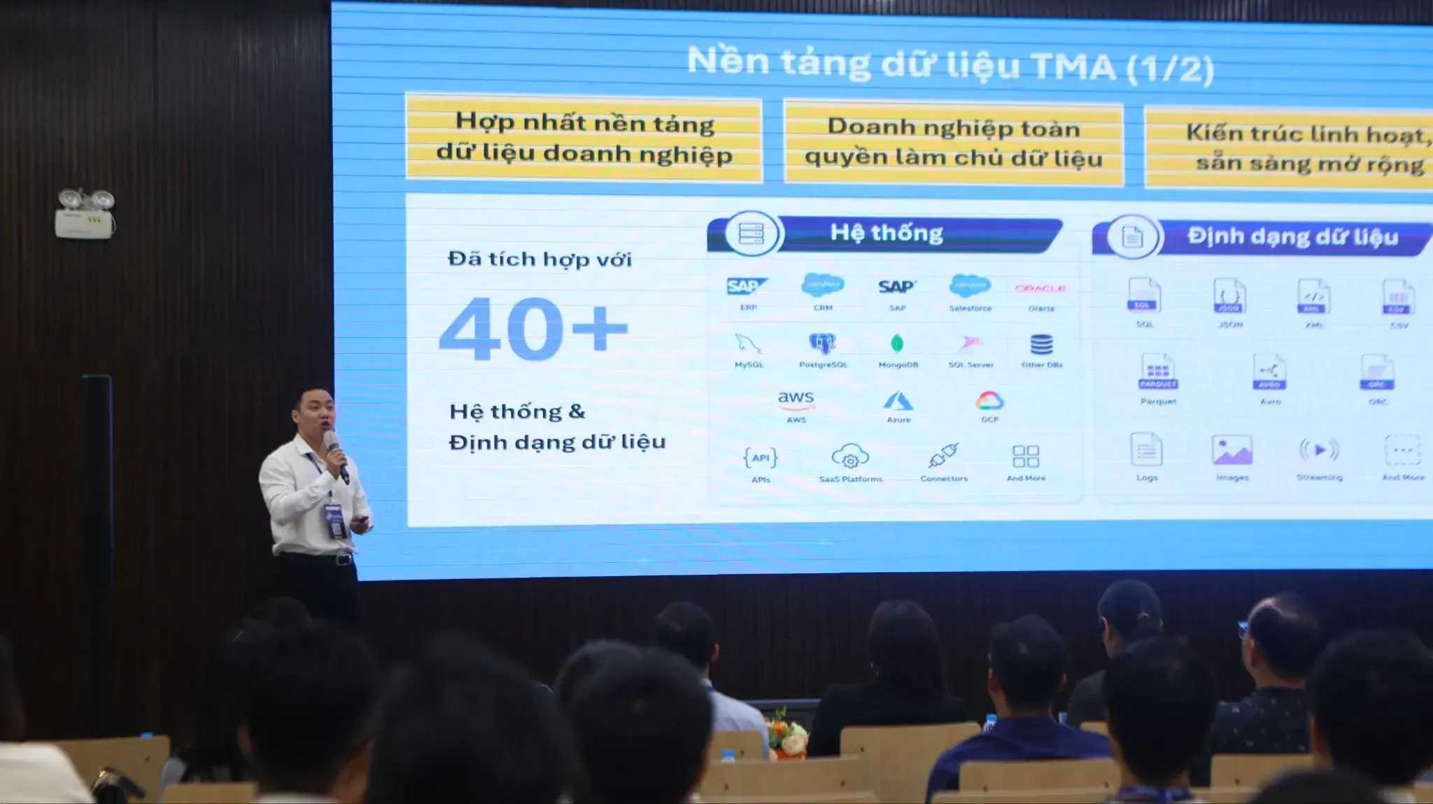 Anh Phạm Tuấn Anh - Giám đốc Trung tâm Giải pháp AI TMA trình bày về Giải pháp Dữ liệu & AI nội bộ.